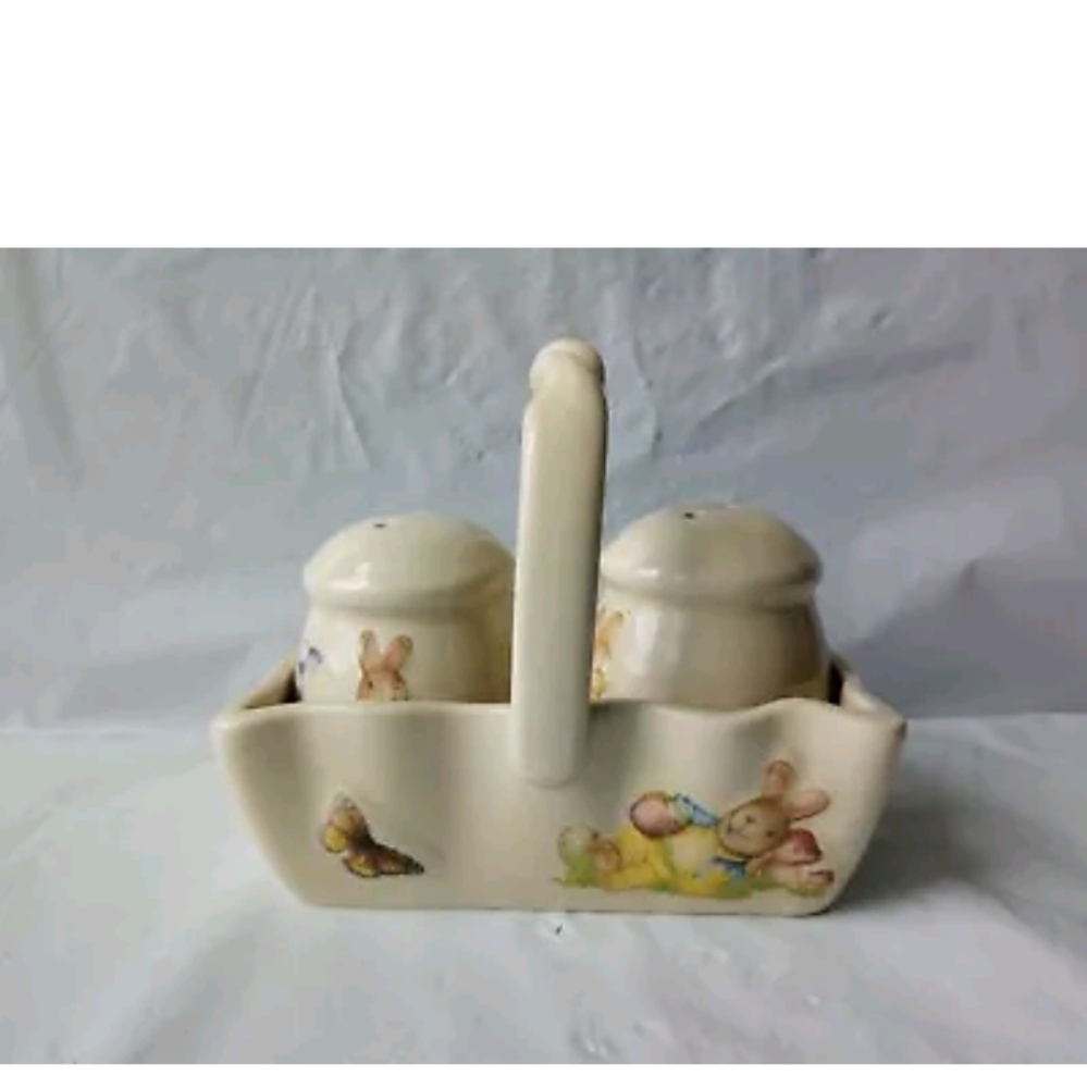 Easter Bunny Salt and Pepper Shakers With Basket Holder Ceramic See Desc…